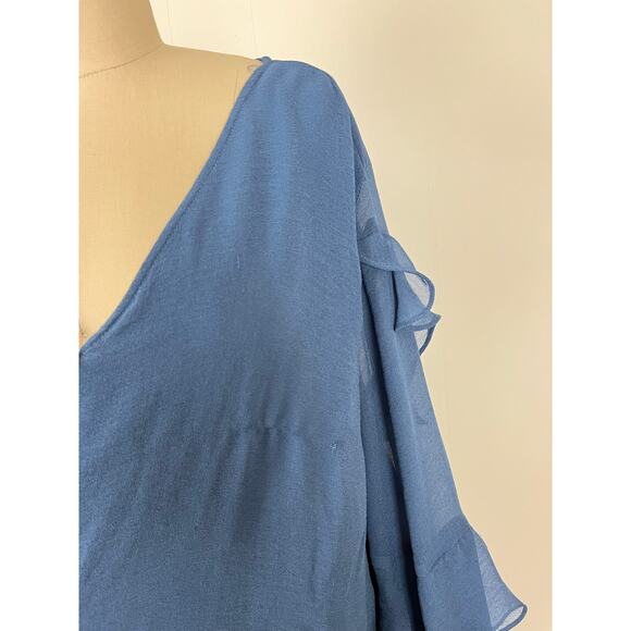 Vince Camuto Blue Ruffle Sheer Sleeve Chiffon V Neck Blouse 2X XXL Plus Size - Picture 9 of 16